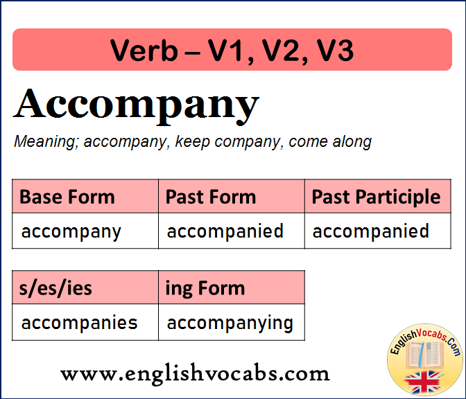 Accompany Past Simple, Past Participle, V1 V2 V3 Form of Accompany