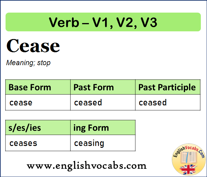 Cease Past Simple, Past Participle, V1 V2 V3 Form of Cease