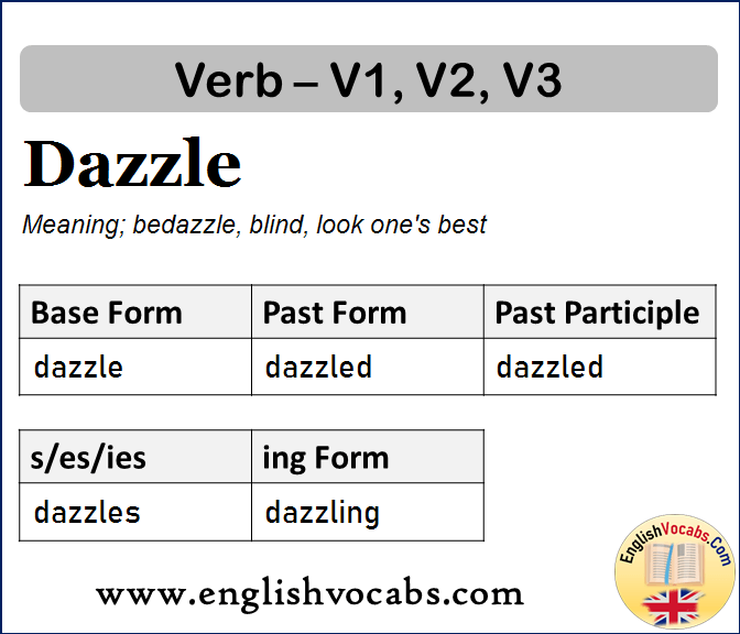 Dazzle Past Simple, Past Participle, V1 V2 V3 Form of Dazzle