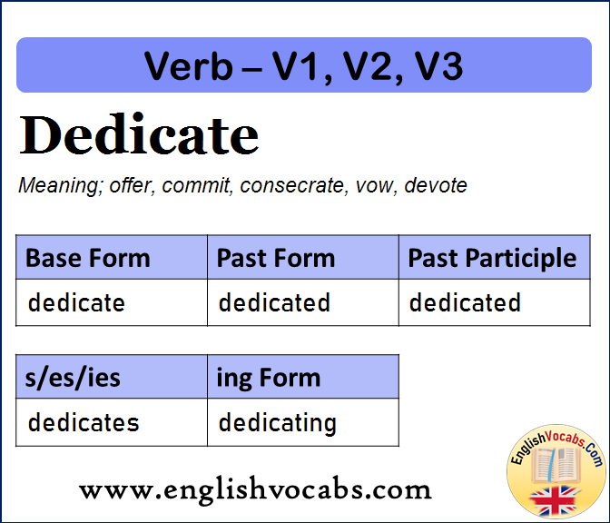 Dedicate Past Simple, Past Participle, V1 V2 V3 Form of Dedicate
