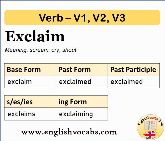 Exclaim Past Simple, Past Participle, V1 V2 V3 Form of Exclaim
