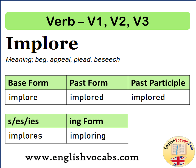 Implore Past Simple, Past Participle, V1 V2 V3 Form of Implore