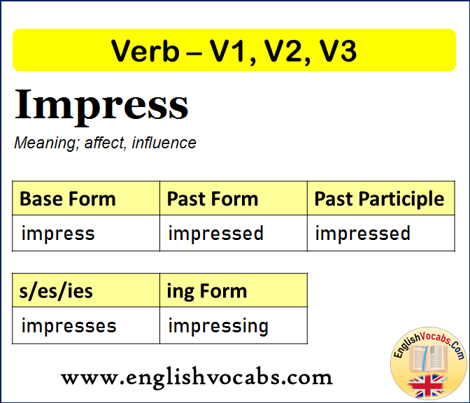 Impress Past Simple, Past Participle, V1 V2 V3 Form of Impress