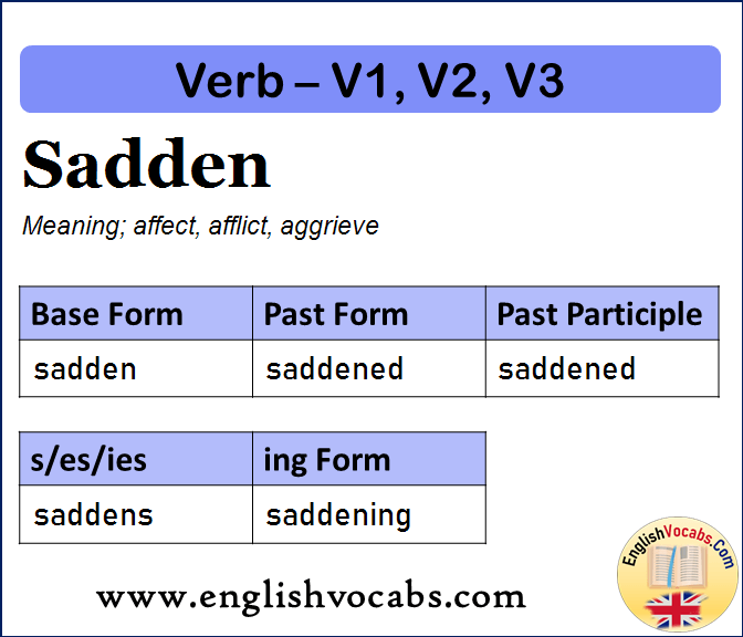 Sadden Past Simple, Past Participle, V1 V2 V3 Form of Sadden