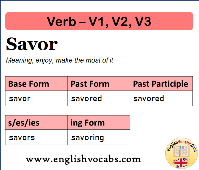 Savor Past Simple, Past Participle, V1 V2 V3 Form of Savor