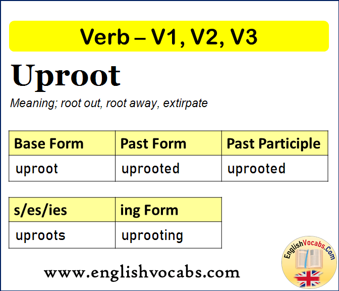 Uproot Past Simple, Past Participle, V1 V2 V3 Form of Uproot