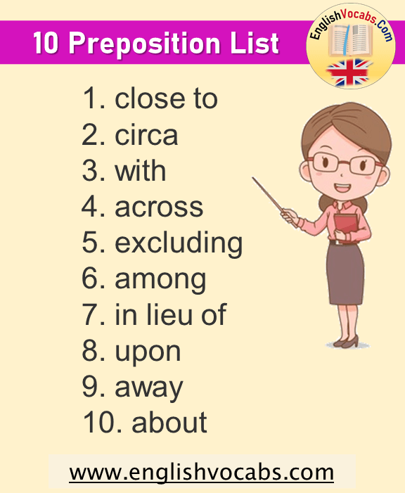 10 Preposition List, Preposition Words List