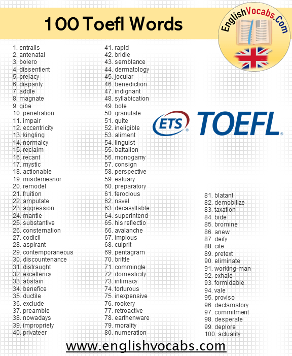 100 Toefl Words List, Toefl Vocabulary in English