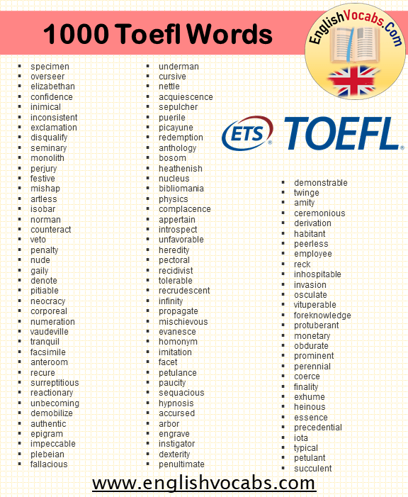 +1000 Toefl Words List, Toefl Vocabulary in English