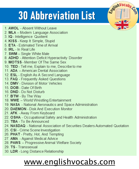 30 Abbreviation List