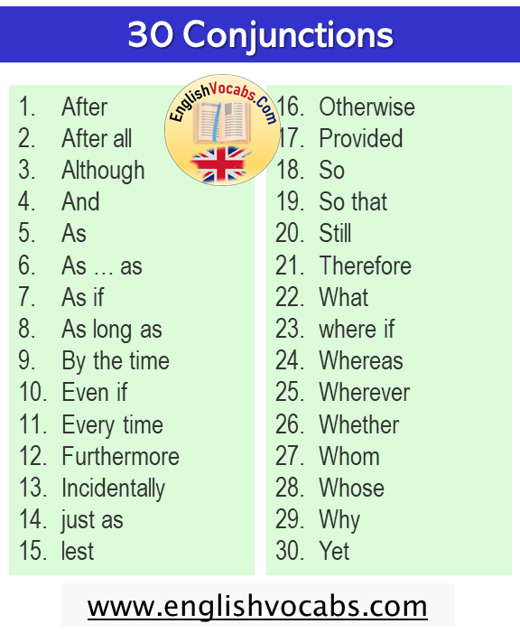 30 Conjunction List in English