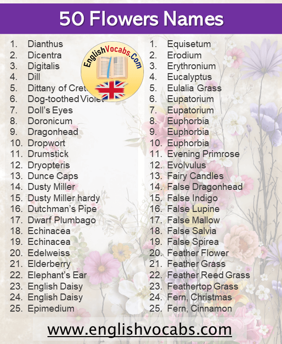 50 Flowers Name List in English