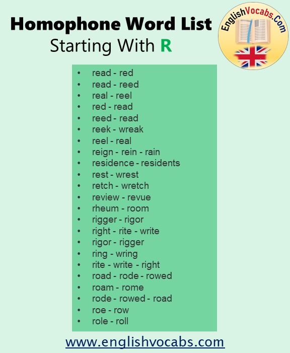 Homophone Word List Starting With R