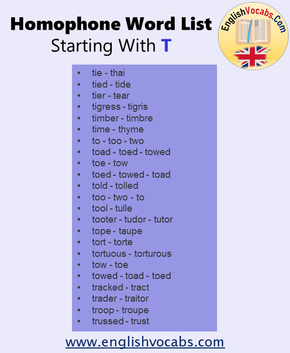 Homophone Word List Starting With T