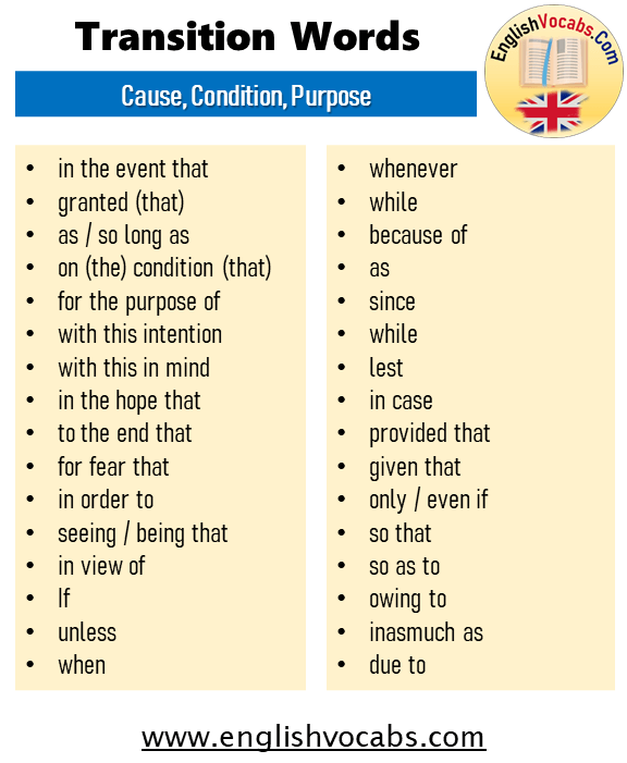 Transition Words; Cause, Condition, Purpose
