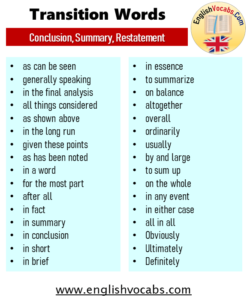 Transition Words; Conclusion, Summary, Restatement - English Vocabs