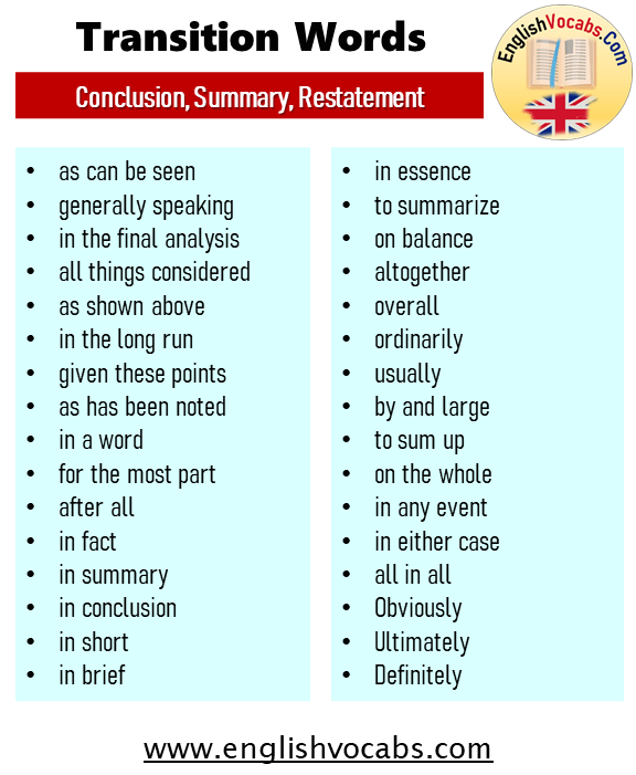 Transition Words Conclusion Summary Restatement English Vocabs