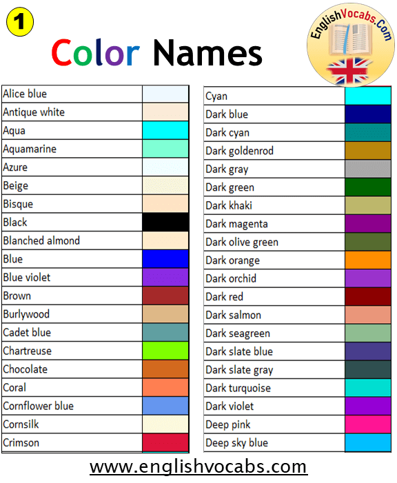 Name of All Colors in English