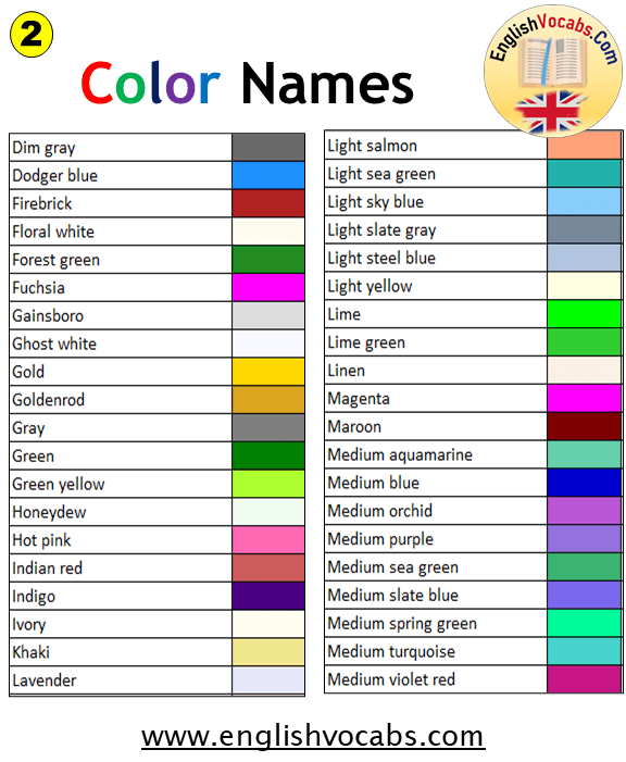 138 Colors Names List, List of Colors
