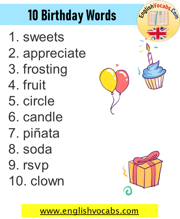 10 Birthday Words, Birthday Vocabulary List