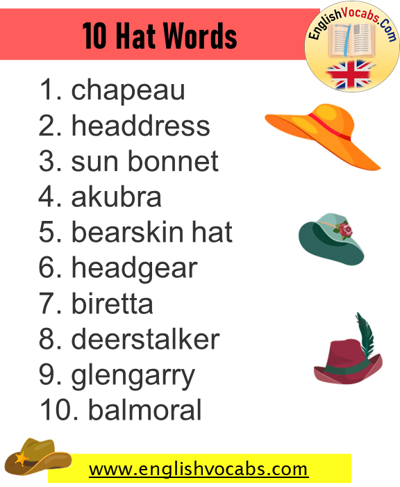 10 Types of Hats Vocabulary List