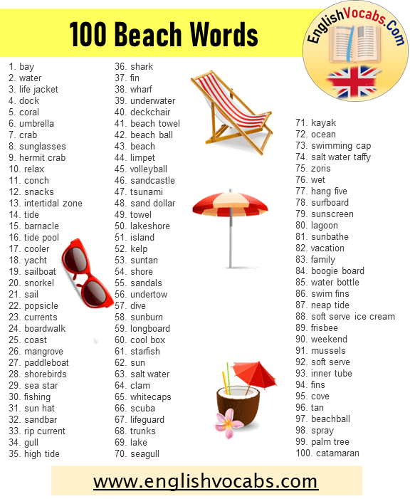 100 Beach Words, Beach Vocabulary List