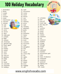 100 Holiday Vocabulary, Vacation Vocabulary Word List - English Vocabs