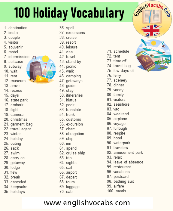 100 Holiday Vocabulary, Vacation Vocabulary Word List