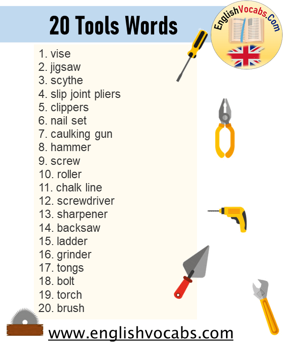 20 English Tools Words List, Tools Vocabulary