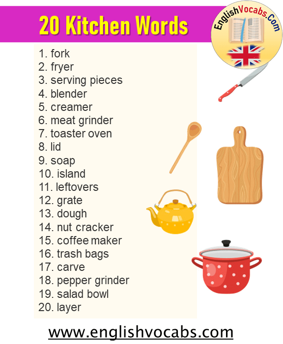 20 Kitchen Utensils Vocabulary, Kitchen Words List