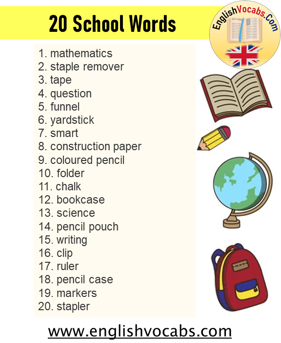 20 School Vocabulary, 20 School Words List