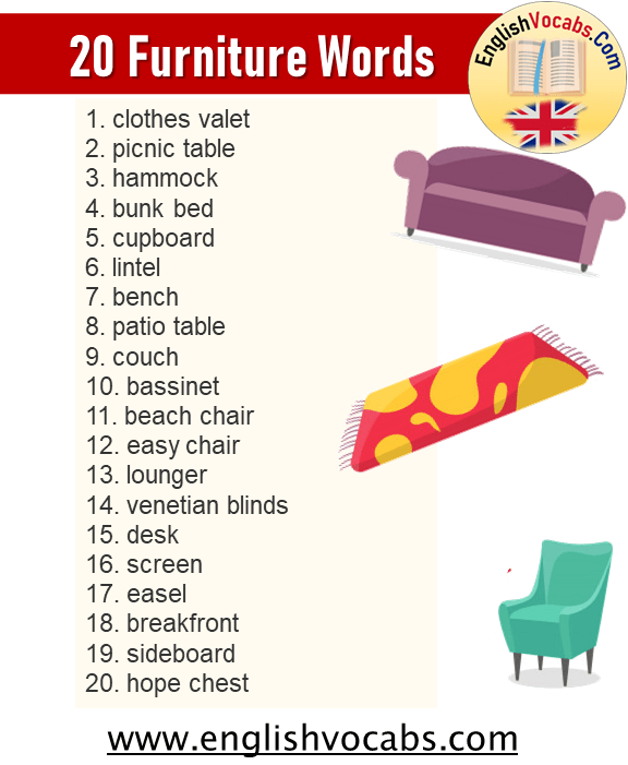 20 Furniture Vocabulary, Furniture Words List