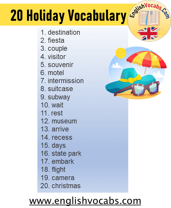 20 Holiday Vocabulary, Vacation Vocabulary Word List