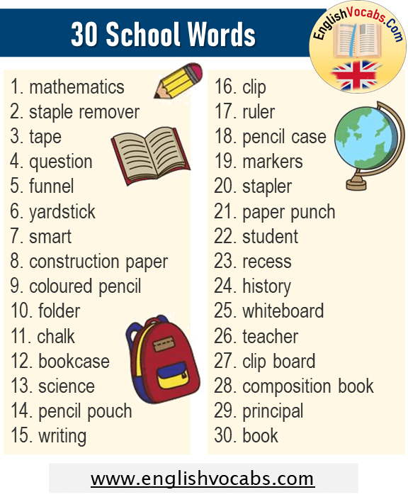 30 School Vocabulary, 30 School Words List