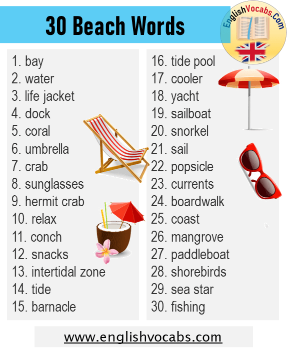 30 Beach Words, Beach Vocabulary List