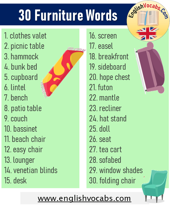 30 Furniture Vocabulary, Furniture Words List