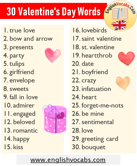 30 Valentine’s Day Words List, Valentine’s Day Vocabulary