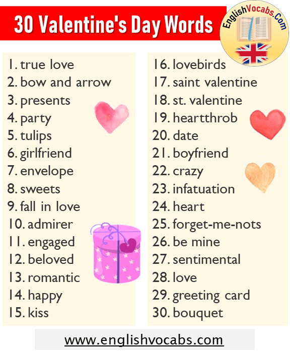 30 Valentine s Day Words List Valentine s Day Vocabulary English Vocabs