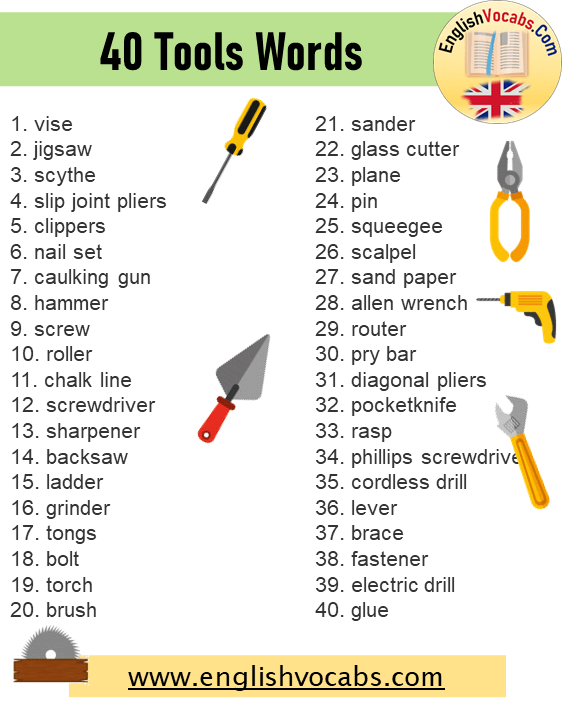 40 English Tools Words List, Tools Vocabulary