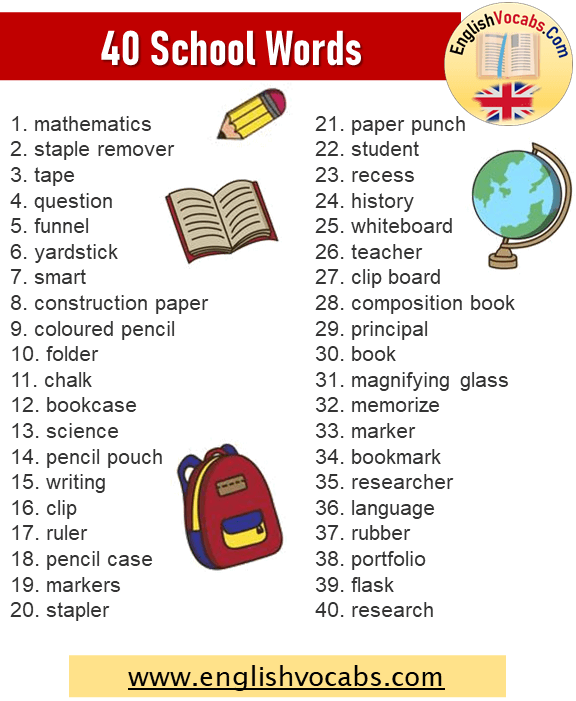 40 School Vocabulary, 40 School Words List
