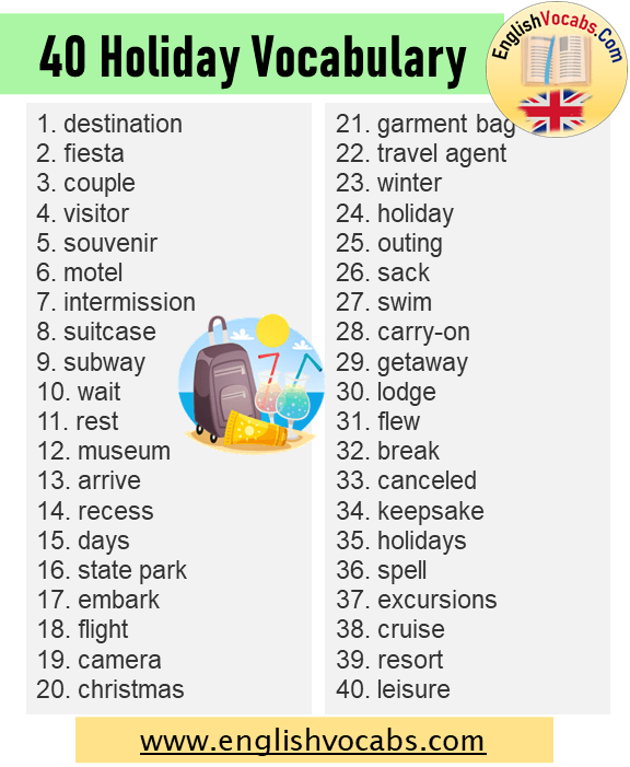 40 Holiday Vocabulary, Vacation Vocabulary Word List