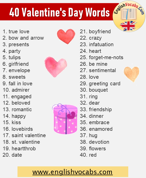 40 Valentine s Day Words List Valentine s Day Vocabulary English Vocabs