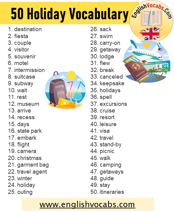 50 Holiday Vocabulary, Vacation Vocabulary Word List