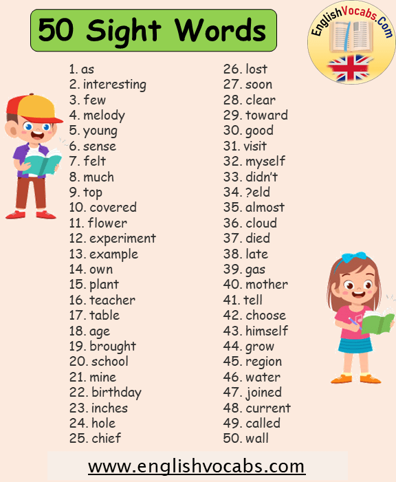 50 Sight Words List in English