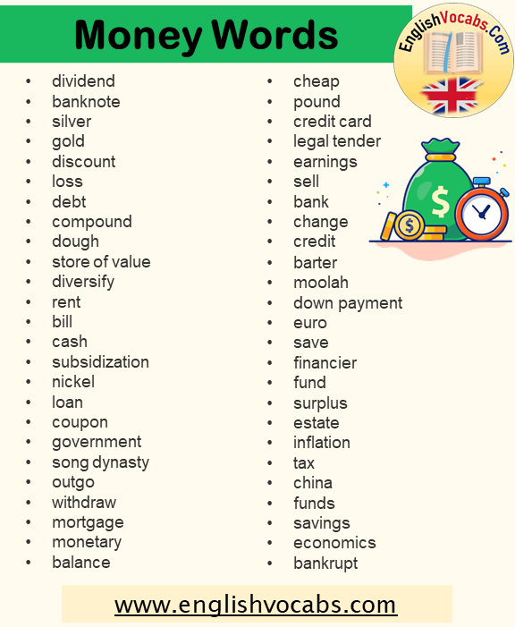155 Money Words List, Vocabulary Related to Money