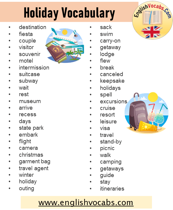 235 Holiday Vocabulary, Vacation Vocabulary Word List