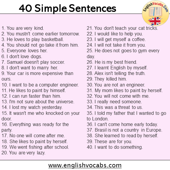 40 Simple Sentences Examples English Vocabs