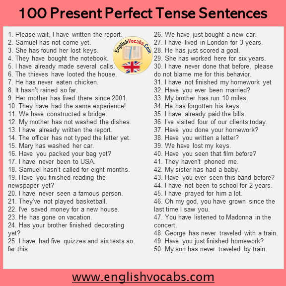 100 Present Perfect Tense Example Sentences English Vocabs